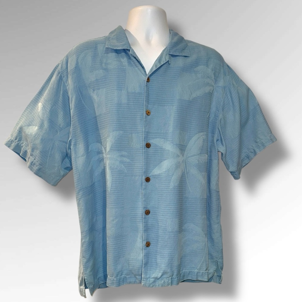 Tommy Bahama Silk Palm Tree Jacquard Button Shirt Blue Camp Aloha Shirt XL